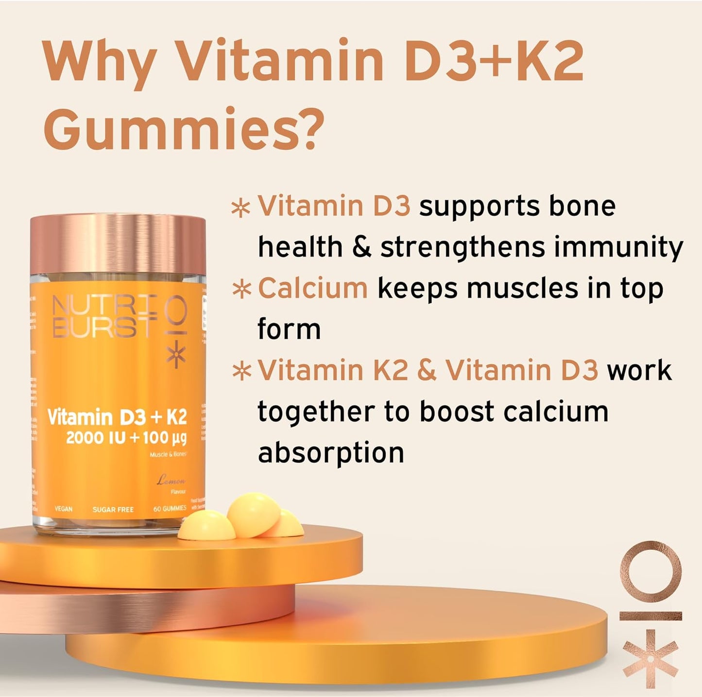 Nutriburst Vitamin D3 (2000IU) + K2 (100µg) -60 Lemon Gummies - 1 Month Supply