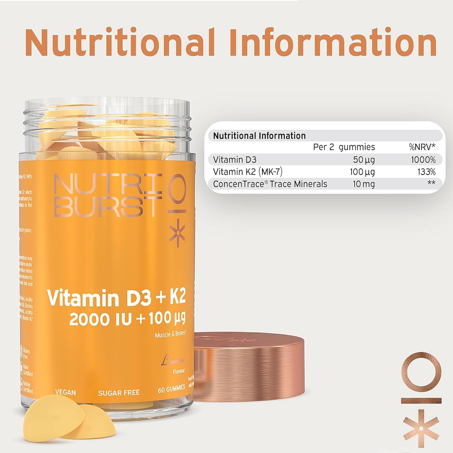 Nutriburst Vitamin D3 (2000IU) + K2 (100µg) -60 Lemon Gummies - 1 Month Supply