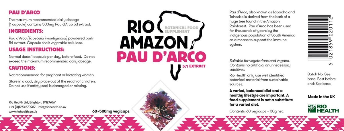 Rio Amazon Pau d'Arco 60 x 500mg 5:1 Extract Vegicaps