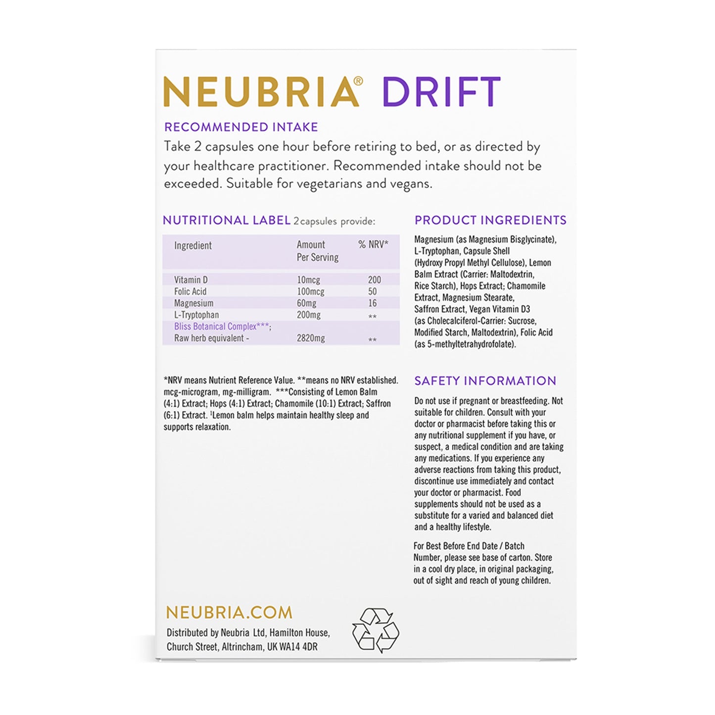 Neubria Drift Natural Sleep Aid Supplement 60 Capsules BBE 31.05.25