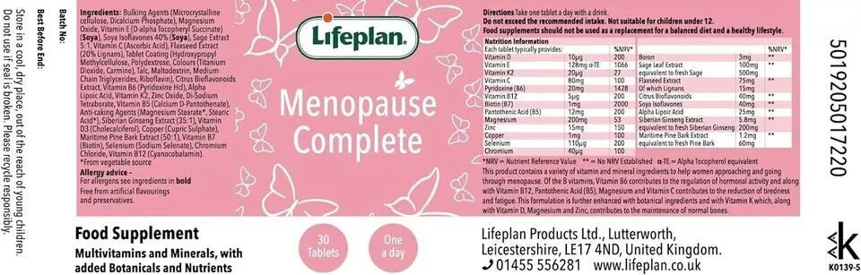 Lifeplan Menopause Complete 30 Tablets Once a Day Women's Health