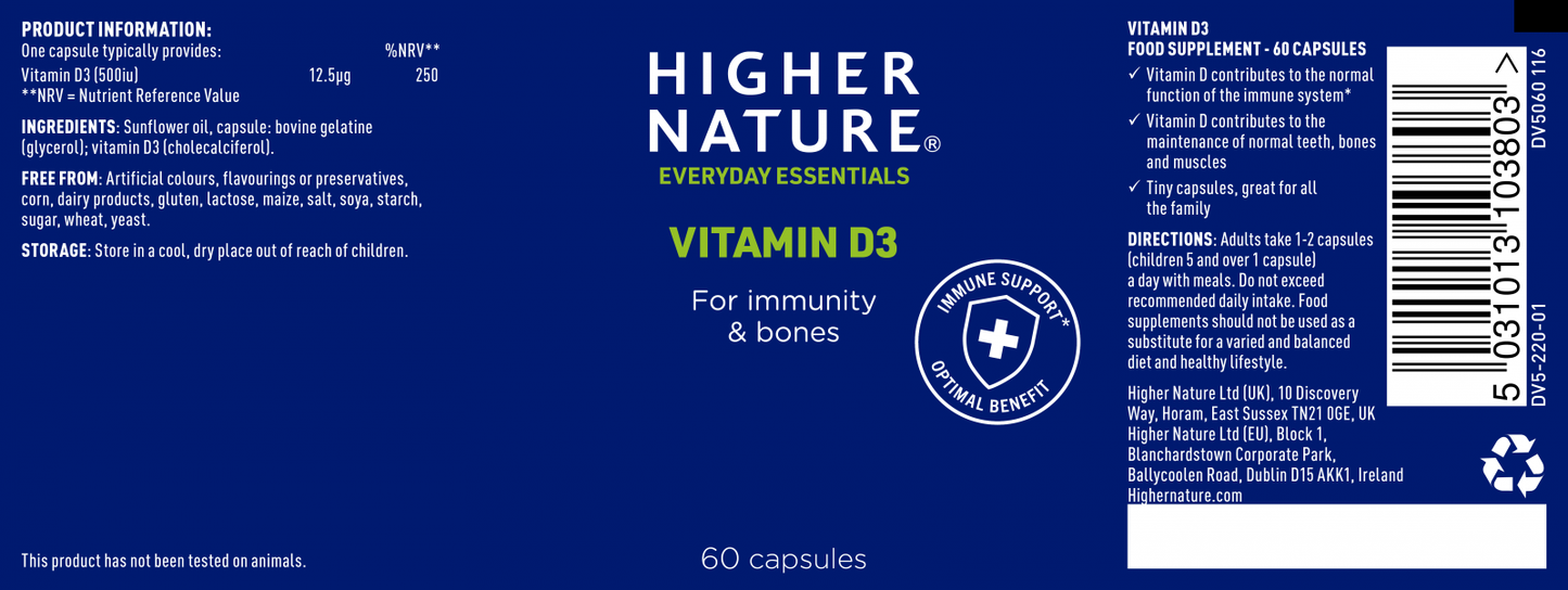 Higher Nature Vitamin D3 500iu 120 Caps Pack of 2 (240 Caps Total) **CLEARANCE SALE**