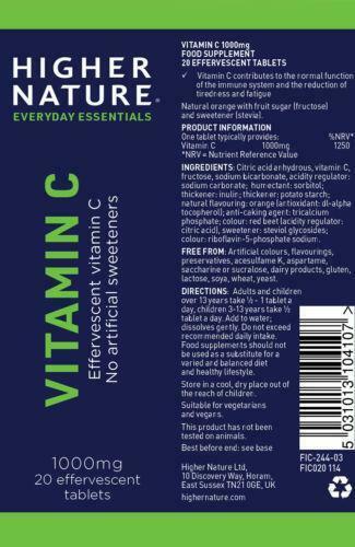 Higher Nature Vitamin C Effervescent Fizzy vitamin C 20 tablets (3 Packs = 60)