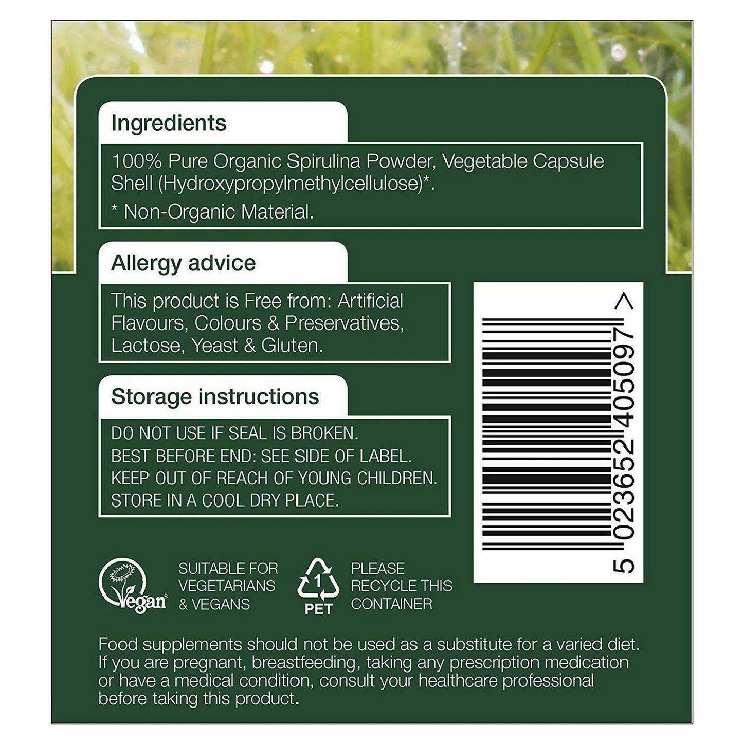 Natures Aid Organic Spirulina 500mg 90 Vegan Capsules PACK OF 2 = 180 Capsules