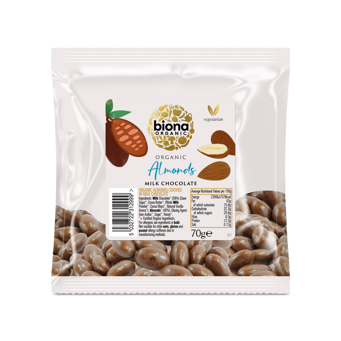 Biona Organic Milk Chocolate covered Almonds 70g Pack of 6