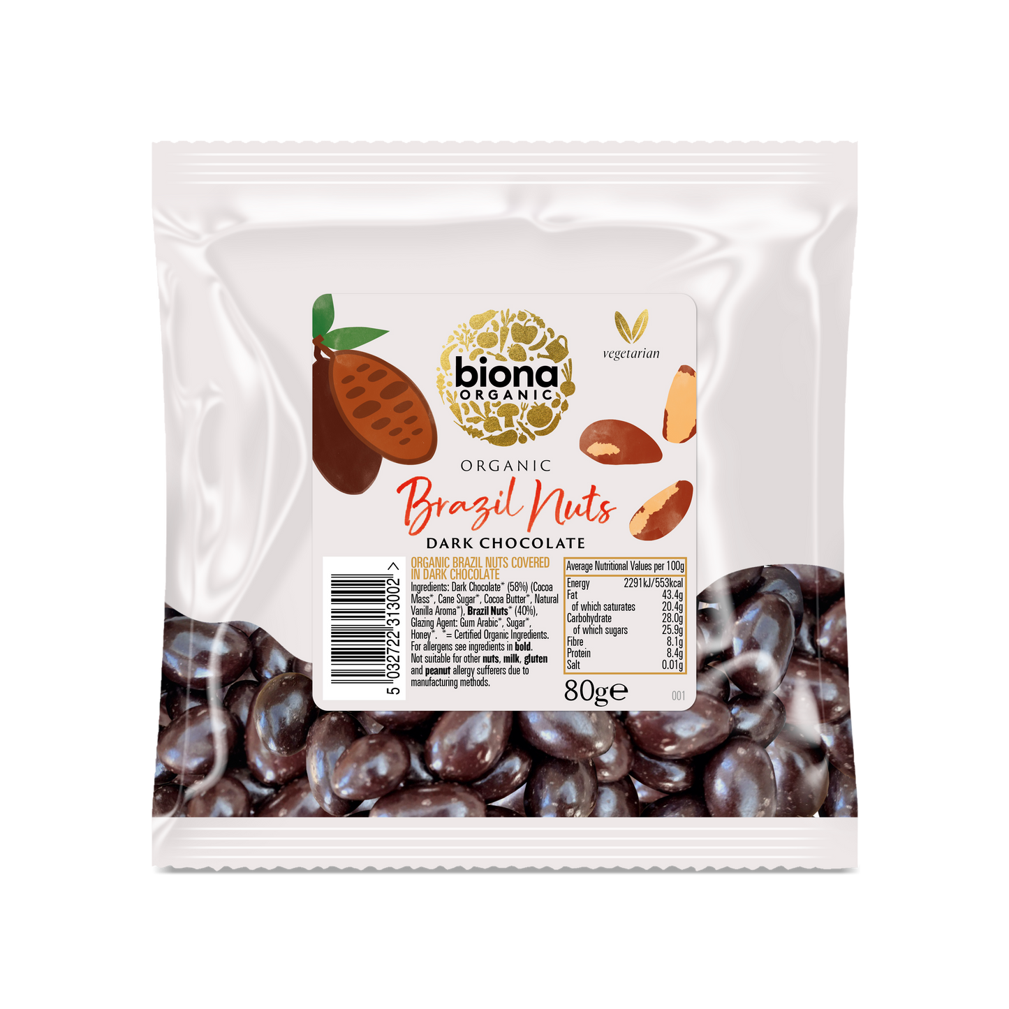 Biona Organic Plain Chocolate covered Rainforest Brazils 80g - Pack of 12
