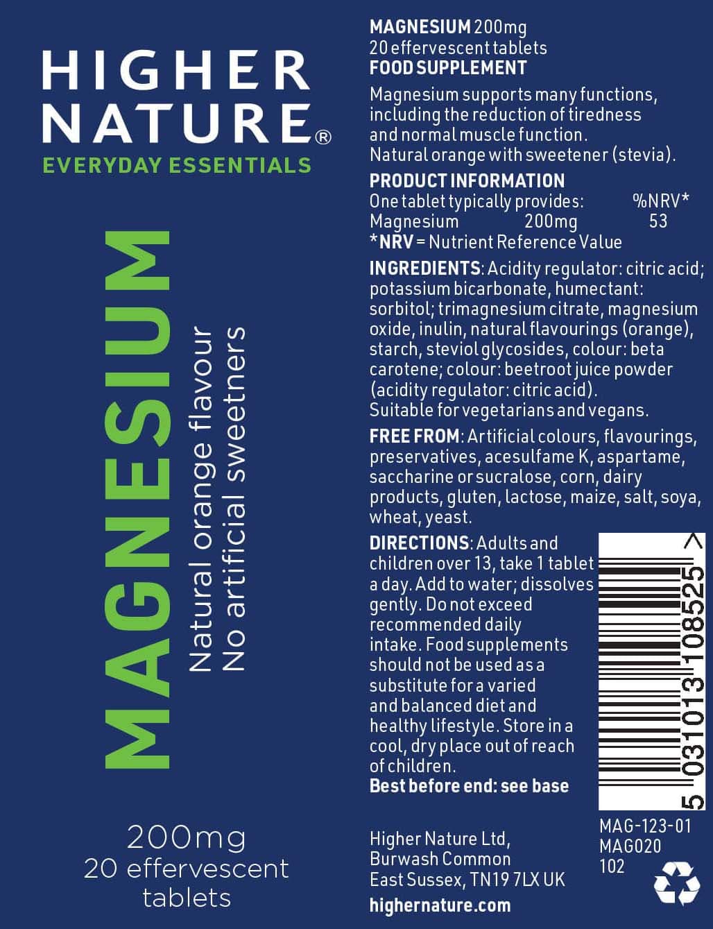 Higher Nature Magnesium Effervescent 20 Tablets