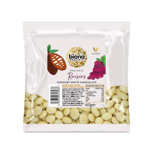 Biona Organic Yoghurt/White Chocolate Coated Raisins 60g Pack of 6