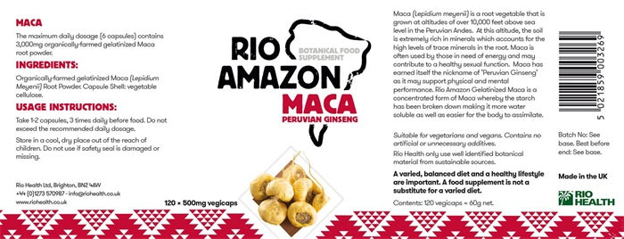 Rio Amazon Maca (Gelatinized) 500mg 120 Veg Capsules
