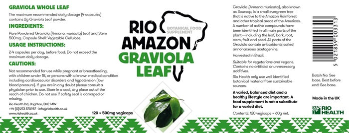Rio Amazon Graviola Leaf 500mg 120 Veg Capsules