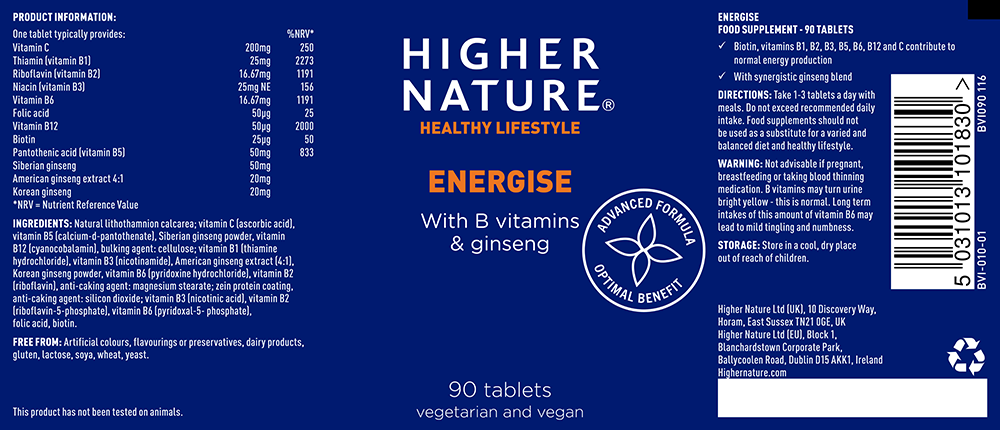 Higher Nature Energise (formerly known as B-Vital) 90 Vegetarian Tablets