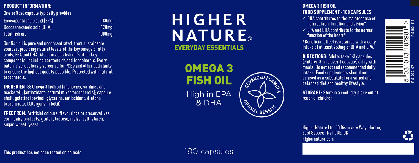 Higher Nature Omega 3 Fish Oil 180 Gel Capsules ****CLEARANCE SALE****