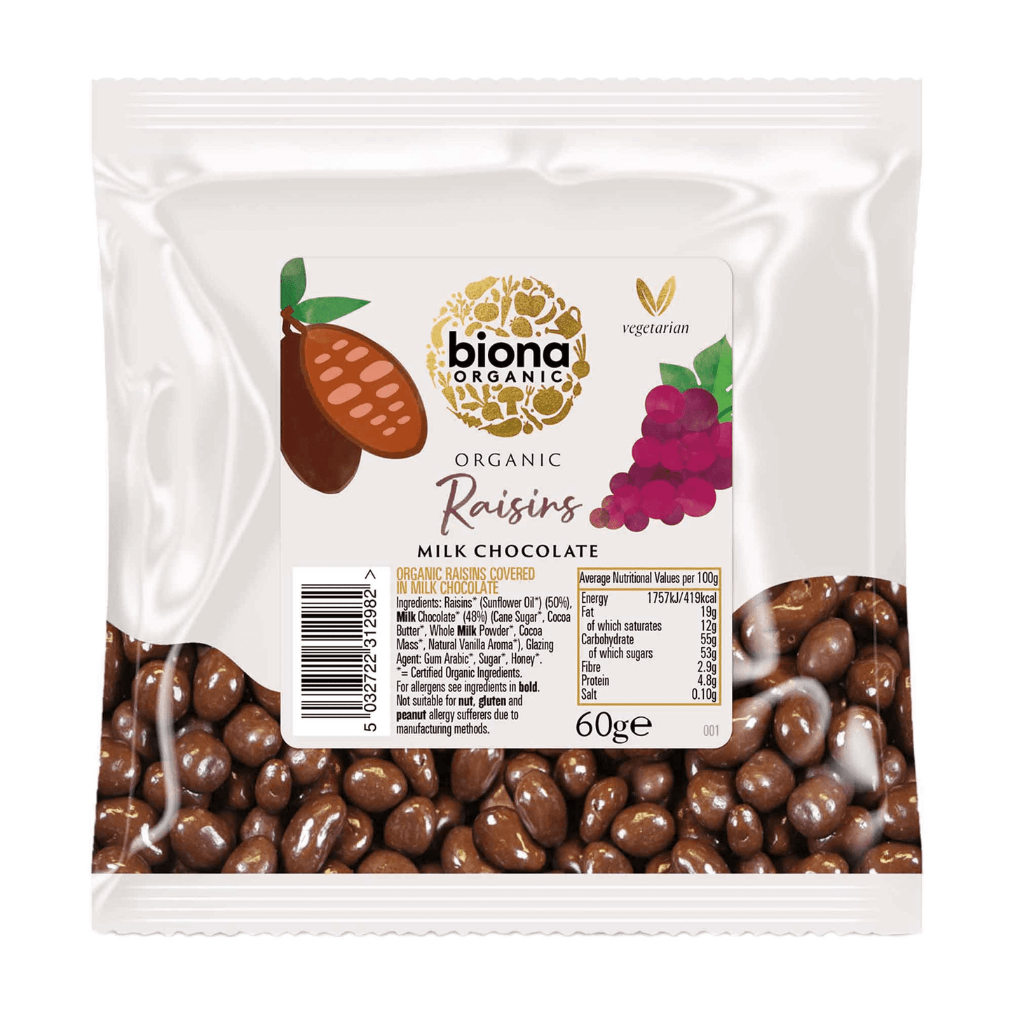 Biona Organic Milk Chocolate covered Raisins 60g Pack of 6