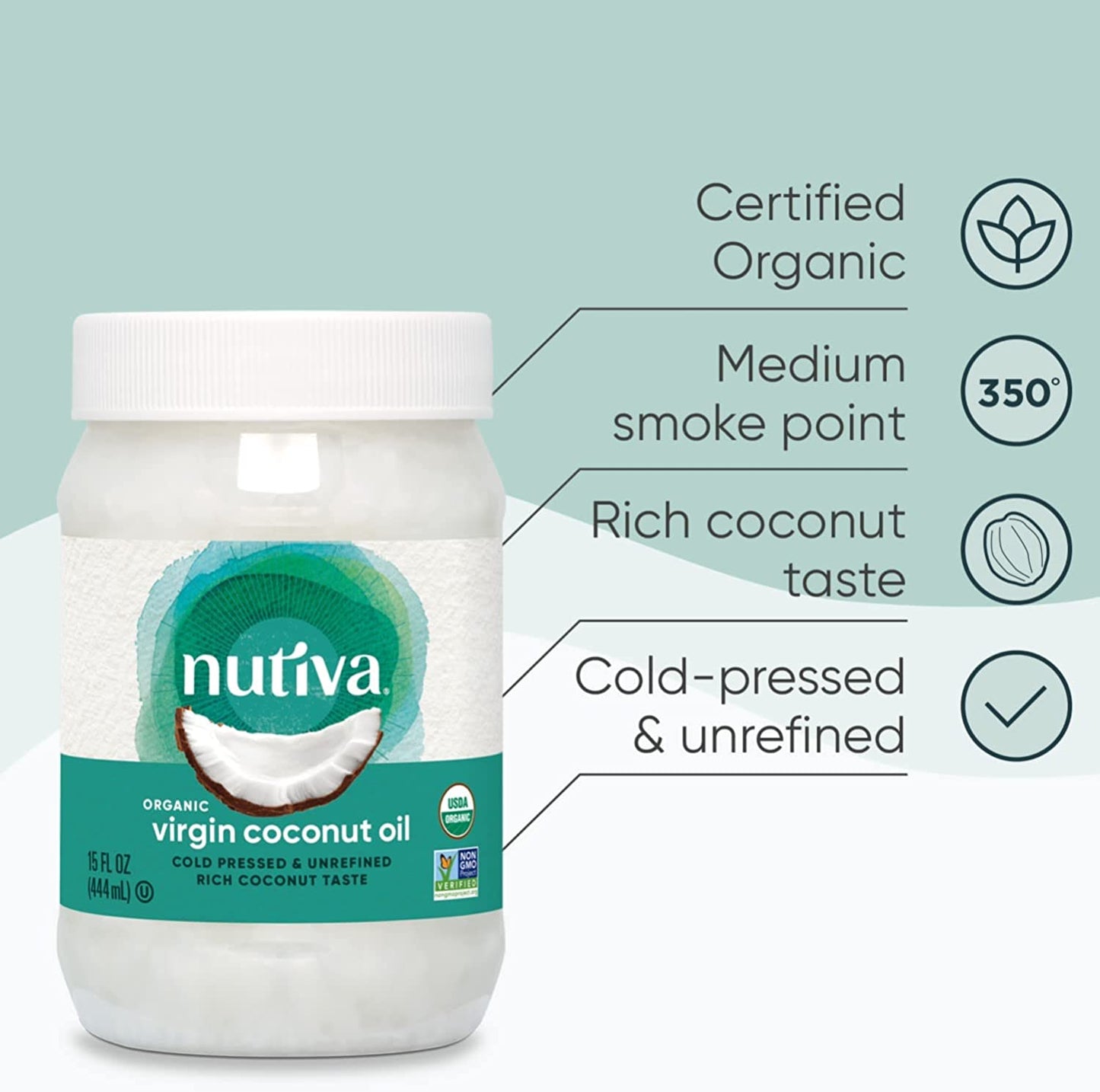 Nutiva Organic Extra Virgin Coconut Oil 444ml Unrefined Cold-pressed Coconut Oil