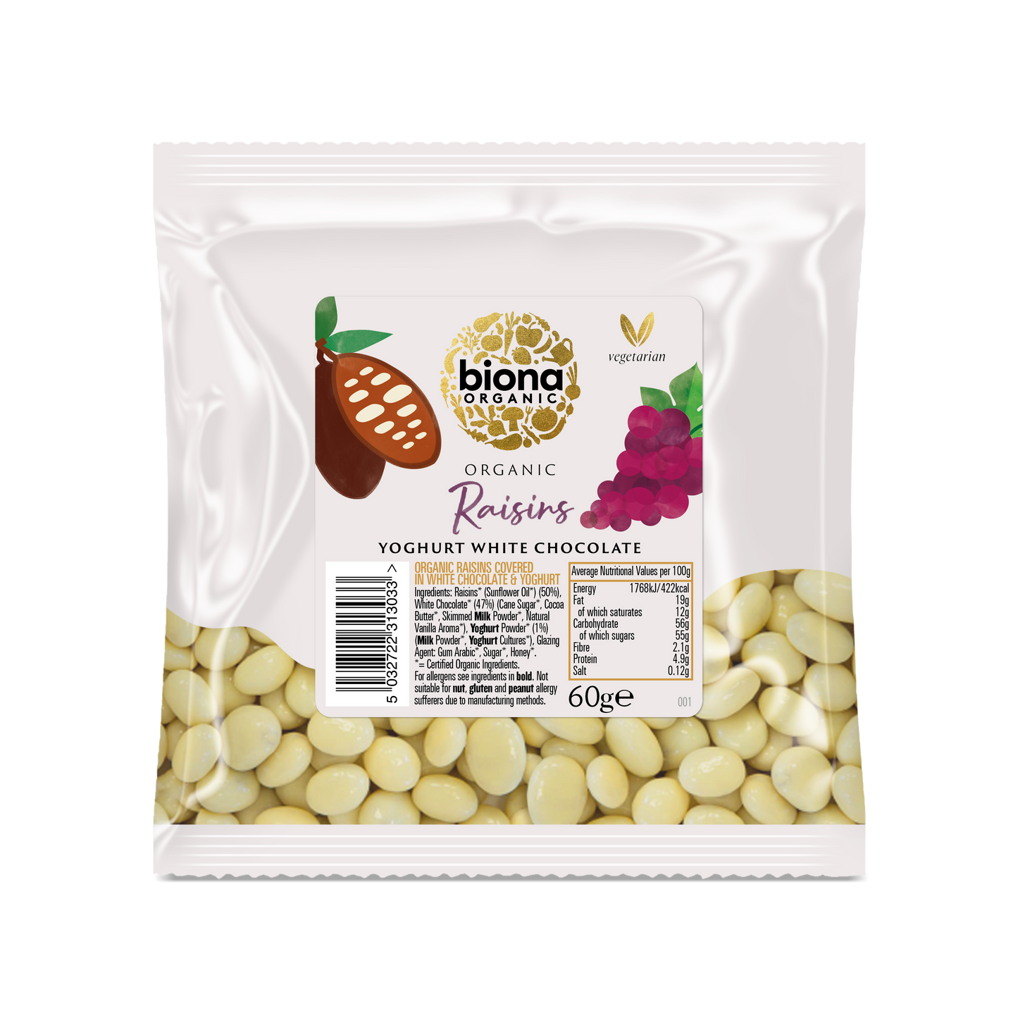 Biona Organic Yoghurt/White Chocolate Coated Raisins 60g Pack of 6