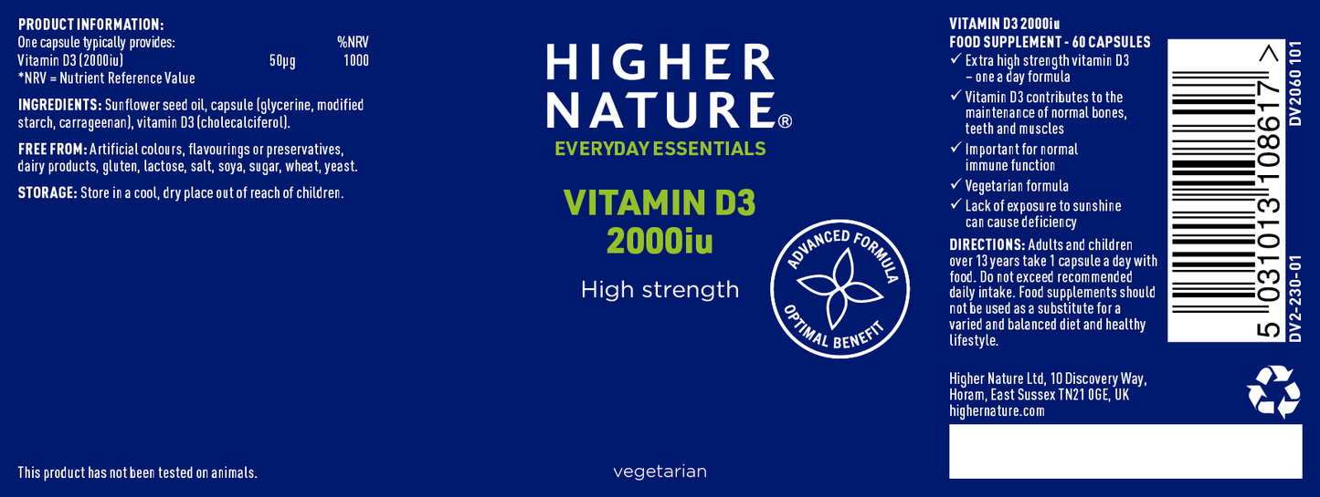 Higher Nature High Strength 2000iu Vitamin D3 Vegetarian 120 capsules